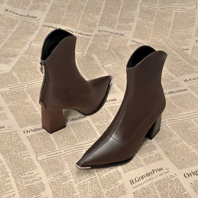 Women's Black Leather Chrome Tip Boots Corvine