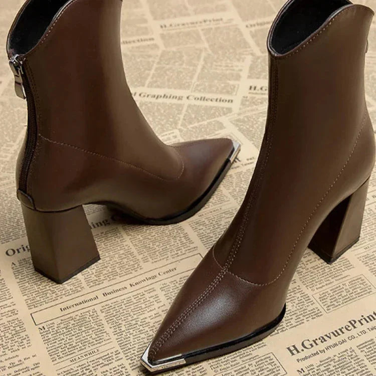 Women's Black Leather Chrome Tip Boots Corvine