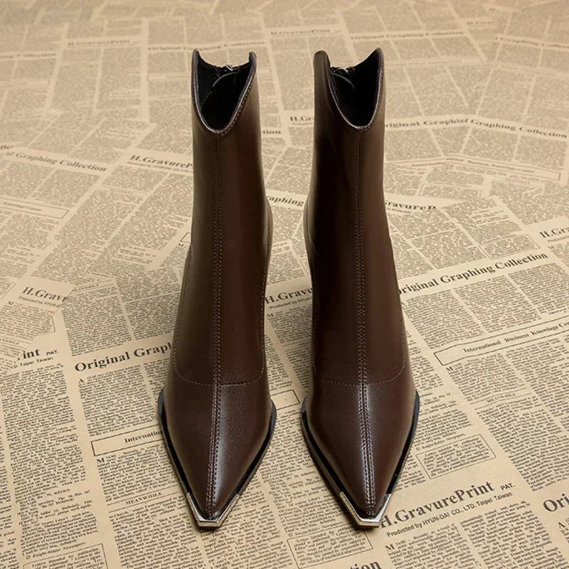 Women's Black Leather Chrome Tip Boots Corvine