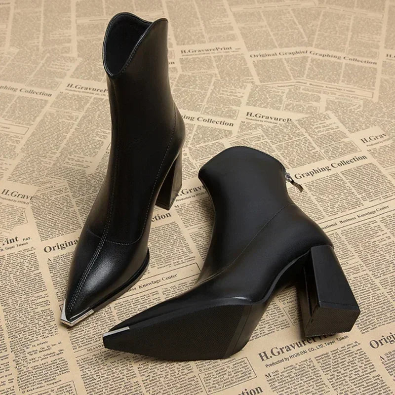 Women's Black Leather Chrome Tip Boots Corvine