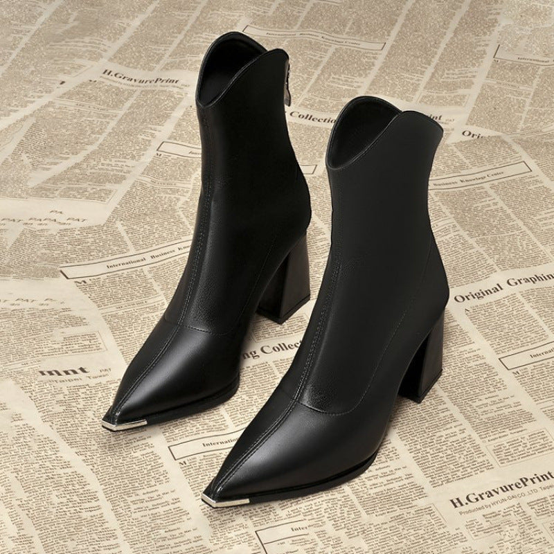 Women's Black Leather Chrome Tip Boots Corvine