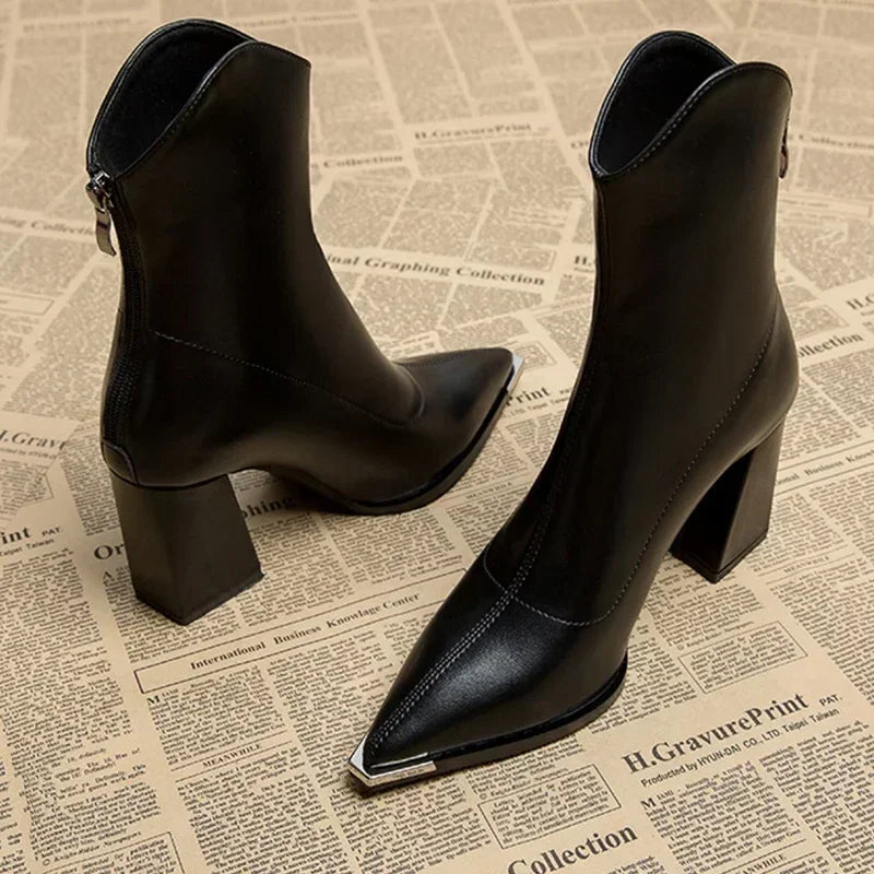 Women's Black Leather Chrome Tip Boots Corvine