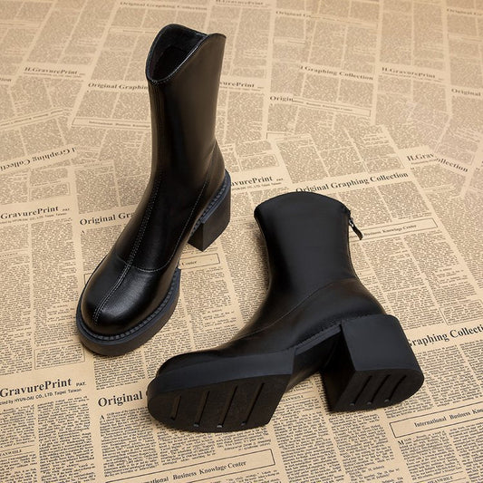 Women's Black Leather Chunky Block Heel Chelsea Boots Corvine