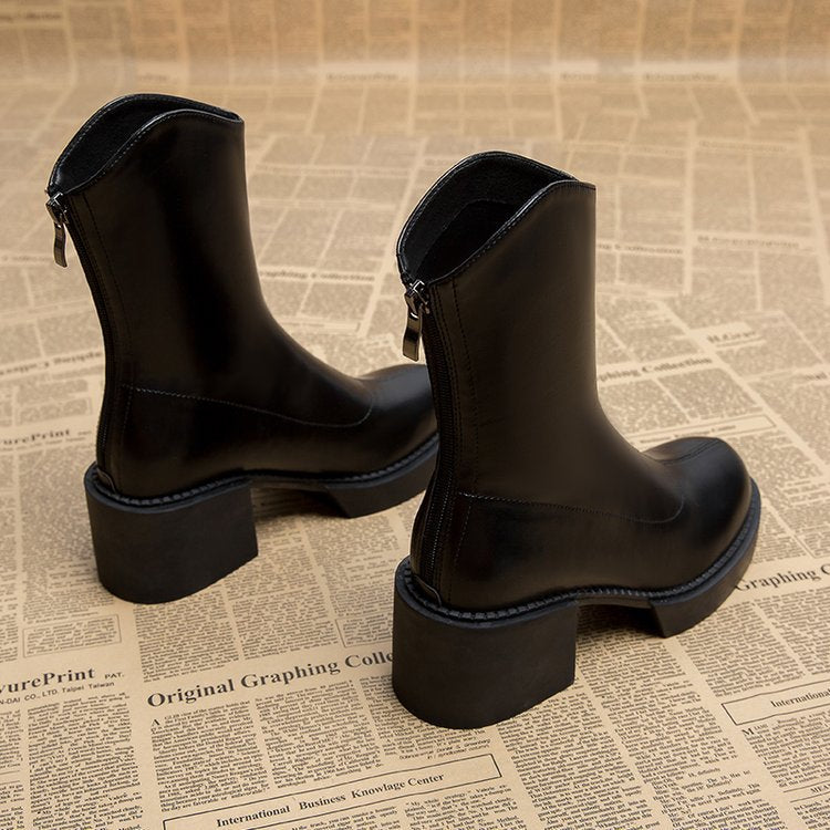 Women's Black Leather Chunky Block Heel Chelsea Boots Corvine