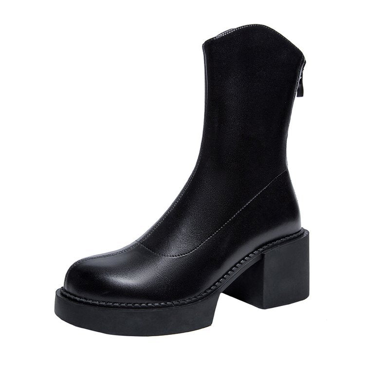 Women's Black Leather Chunky Block Heel Chelsea Boots Corvine