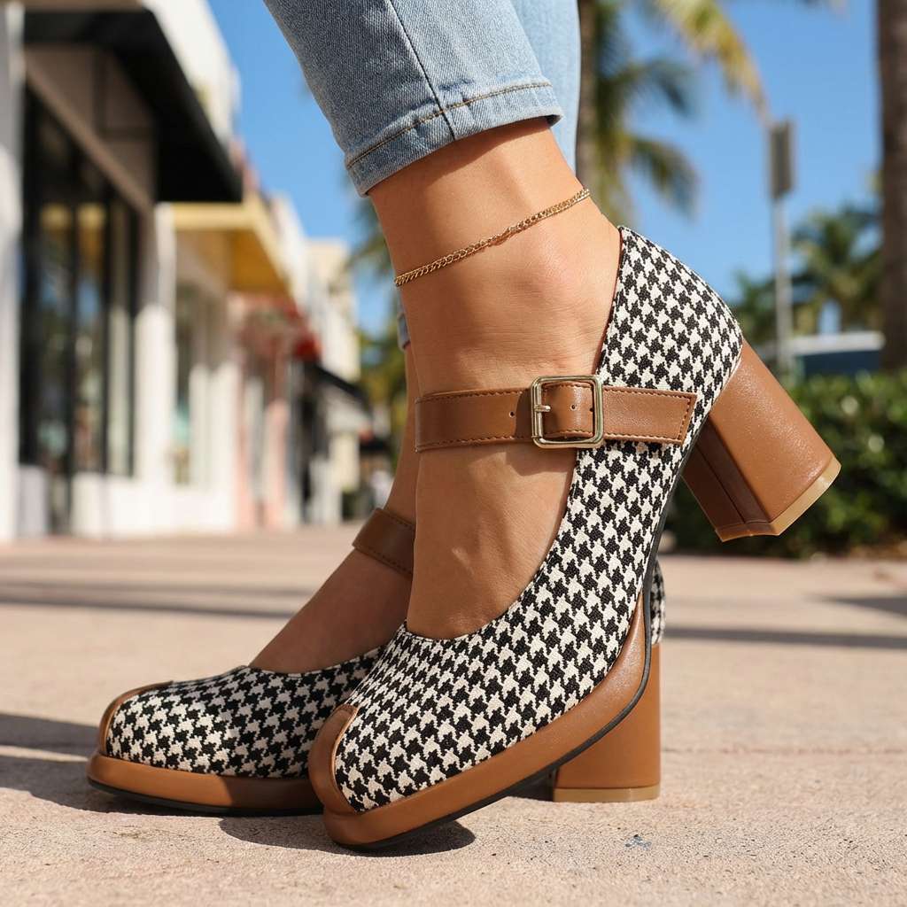Women's Black Leather Mary Jane Block Heel Pumps Corvine