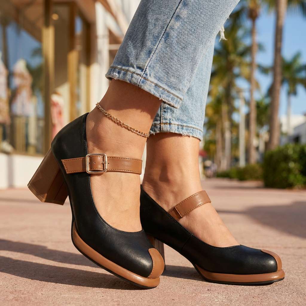 Women's Black Leather Mary Jane Block Heel Pumps Corvine