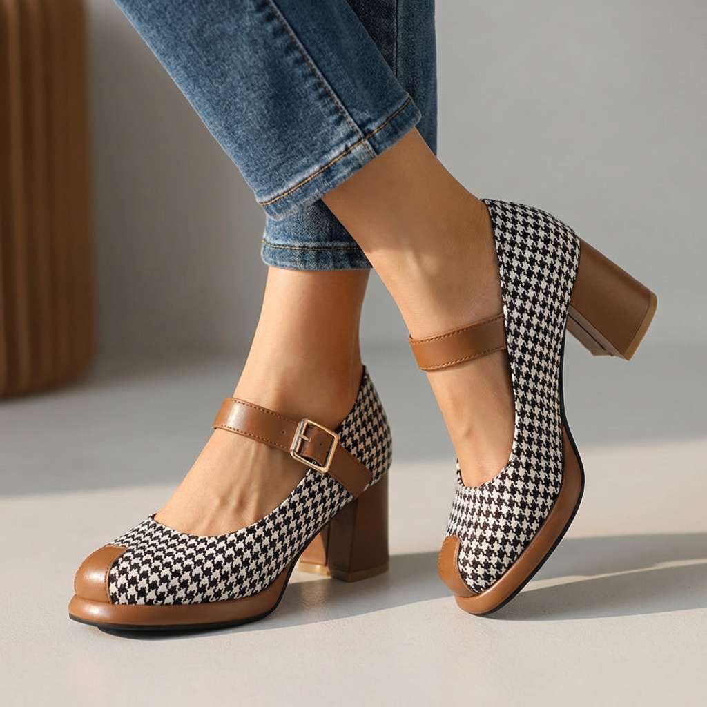Women's Black Leather Mary Jane Block Heel Pumps Corvine