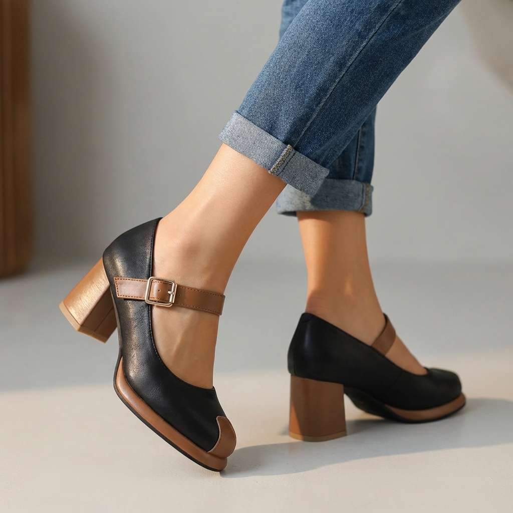 Women's Black Leather Mary Jane Block Heel Pumps Corvine