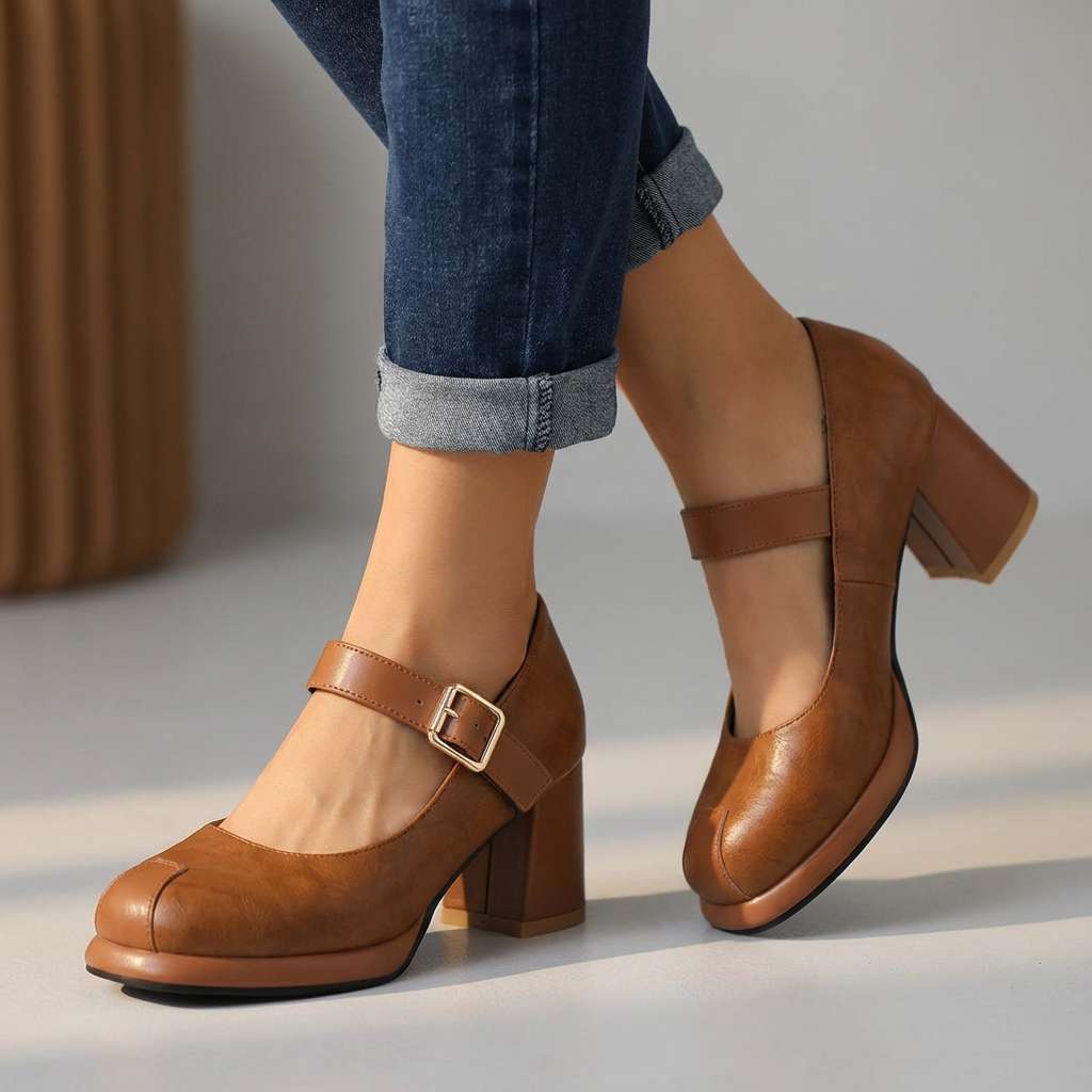 Women's Black Leather Mary Jane Block Heel Pumps Corvine