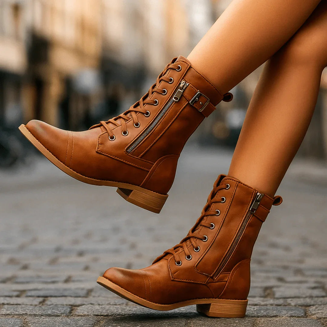 Women's Black Leather Mid-Calf Lace-Up Boots Corvine