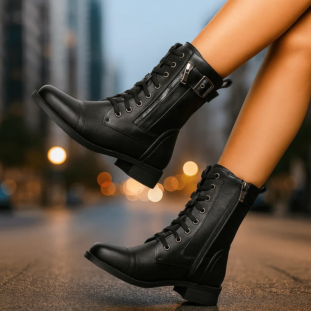 Women's Black Leather Mid-Calf Lace-Up Boots Corvine