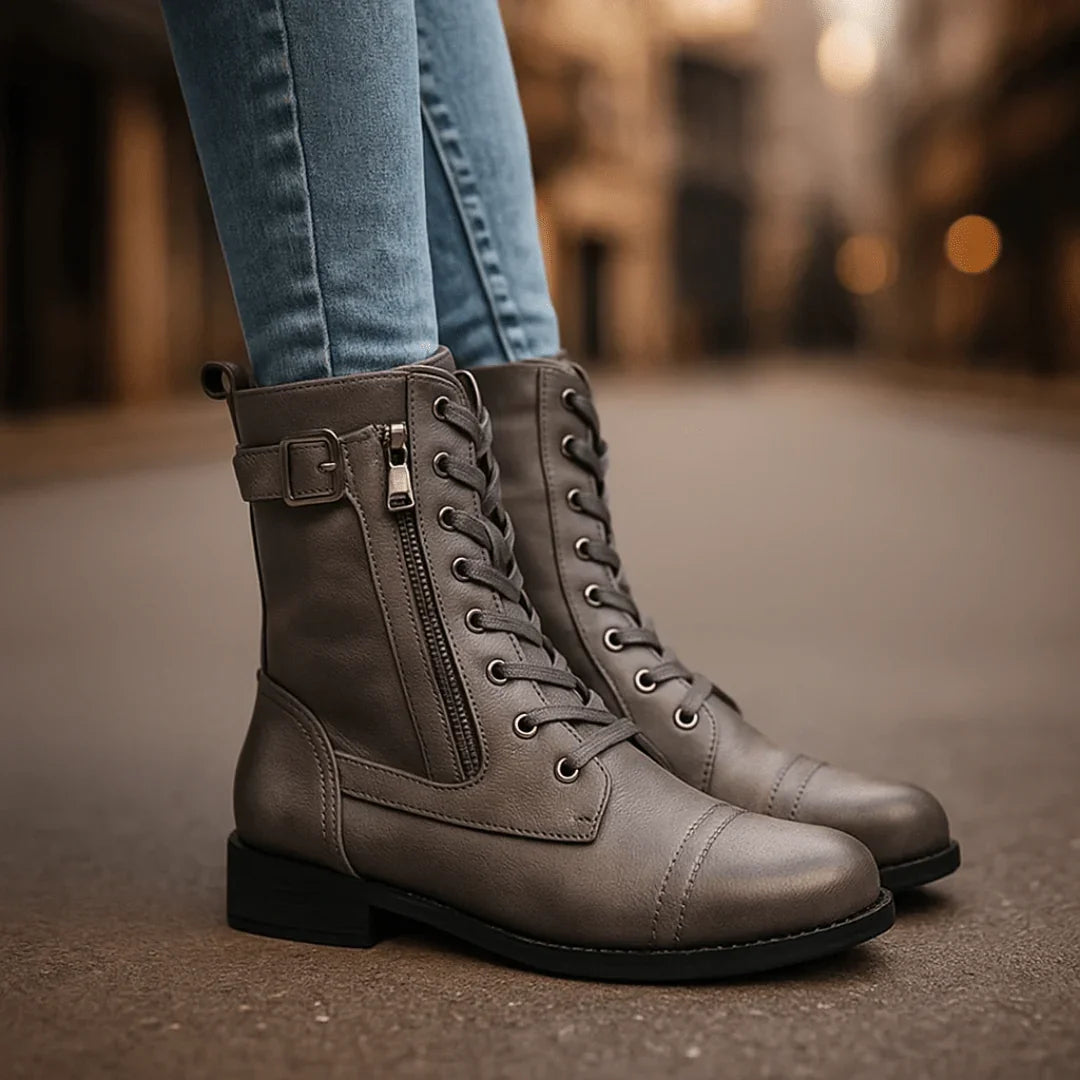 Women's Black Leather Mid-Calf Lace-Up Boots Corvine