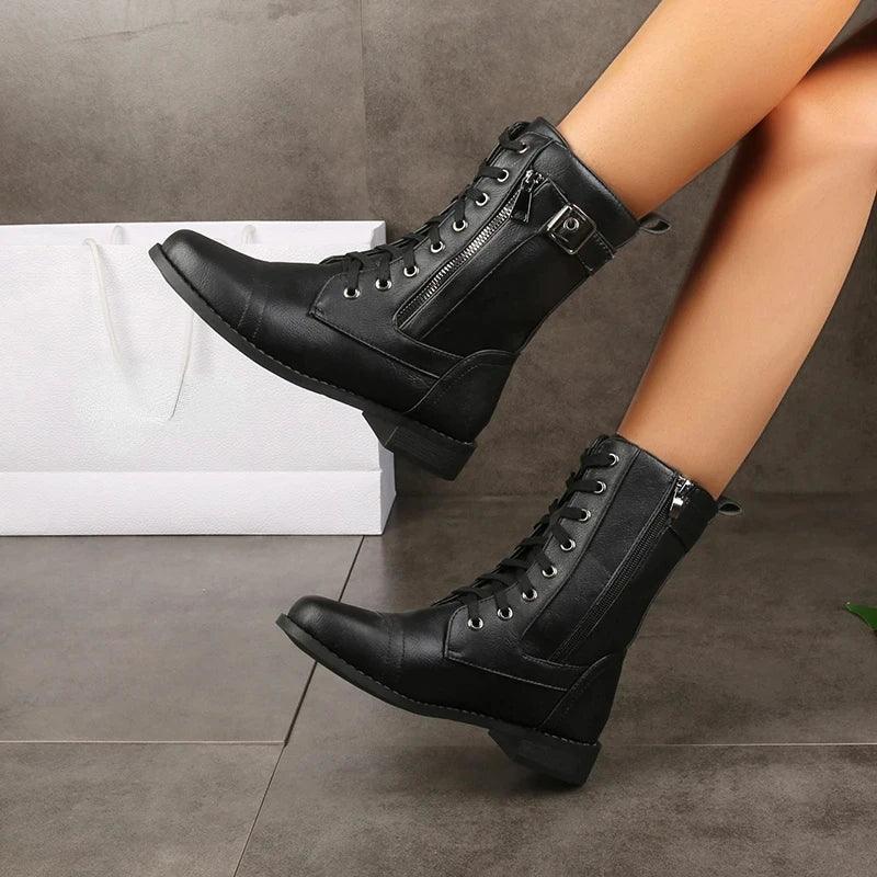 Women's Black Leather Mid-Calf Lace-Up Boots Corvine