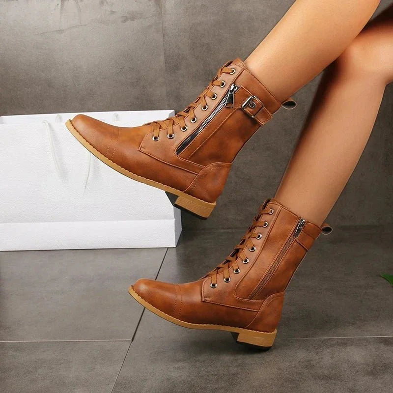 Women's Black Leather Mid-Calf Lace-Up Boots Corvine