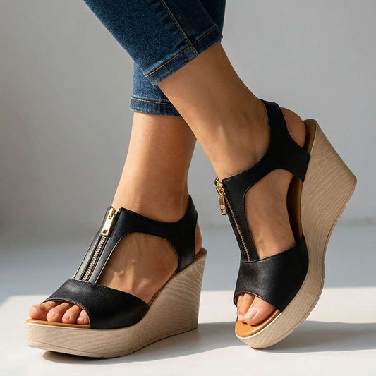 Women's Black Leather Zipper Heels Corvine