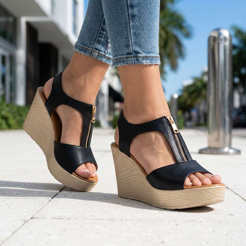 Women's Black Leather Zipper Heels Corvine