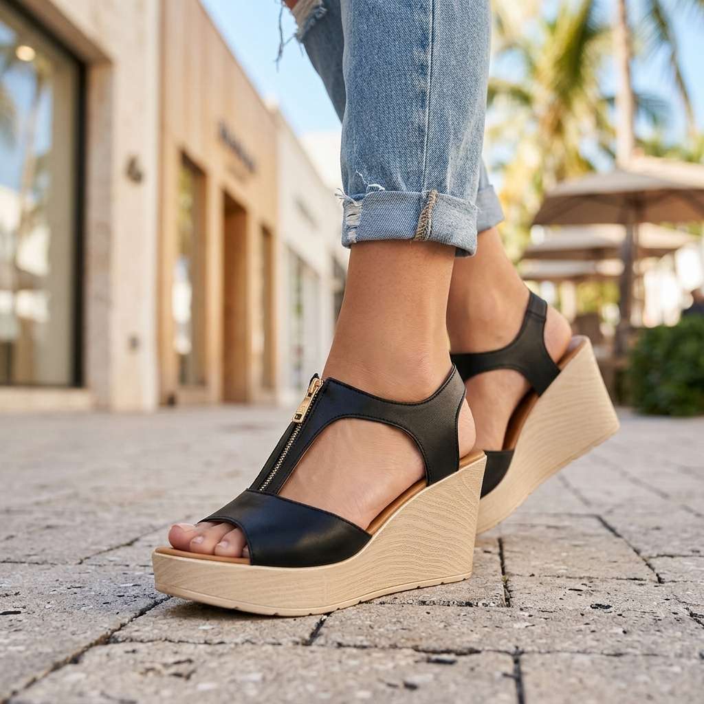 Women's Black Leather Zipper Heels Corvine