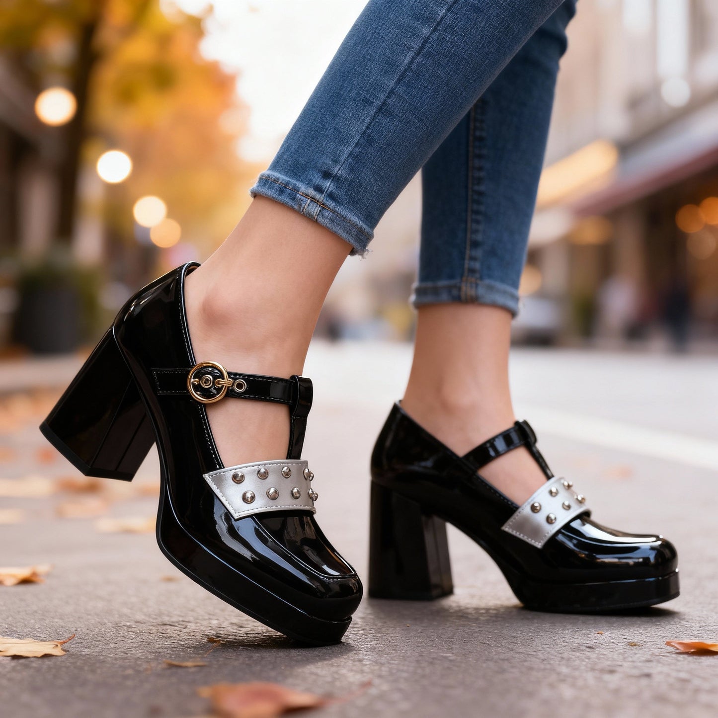 Women's Black Patent Block Heels Corvine