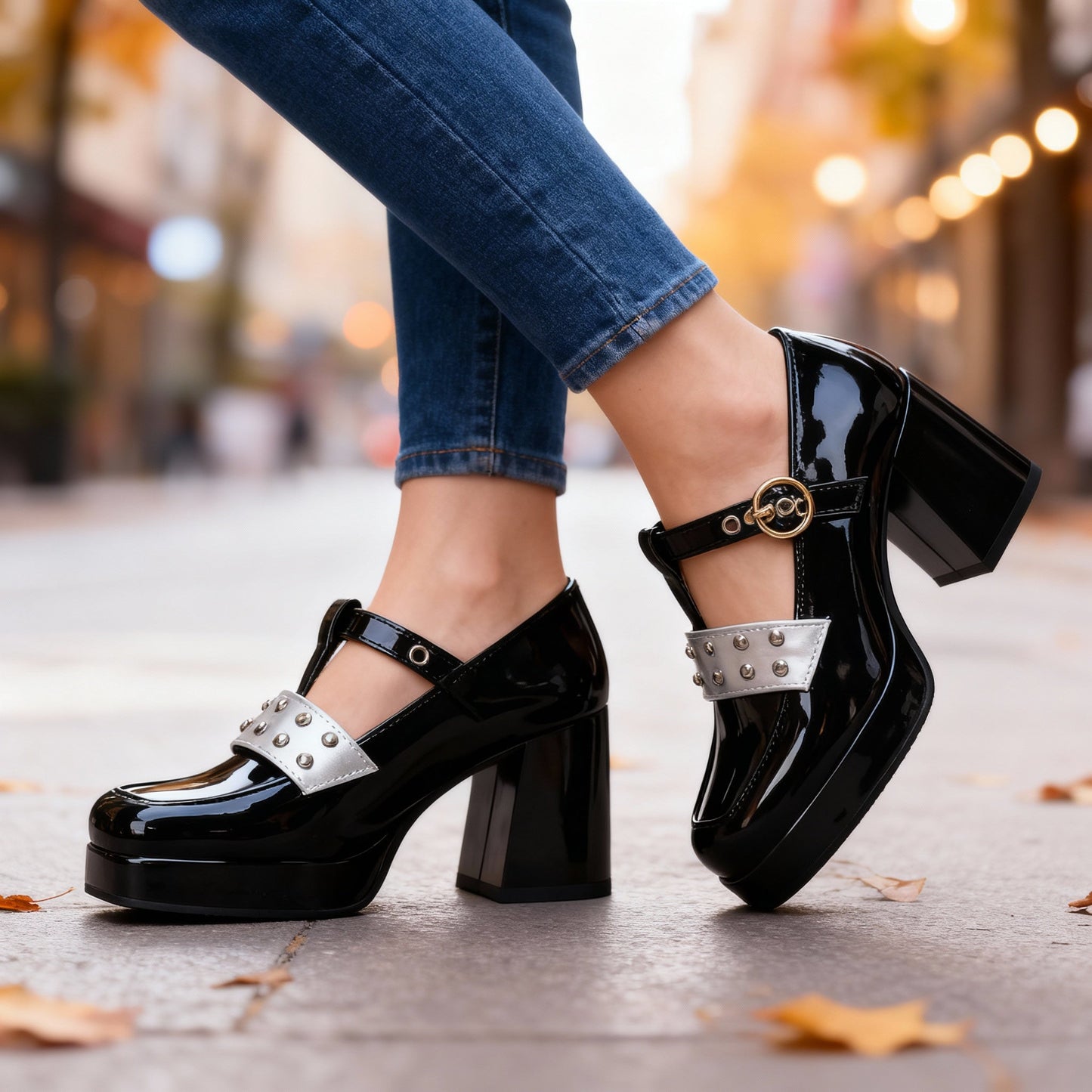 Women's Black Patent Block Heels Corvine