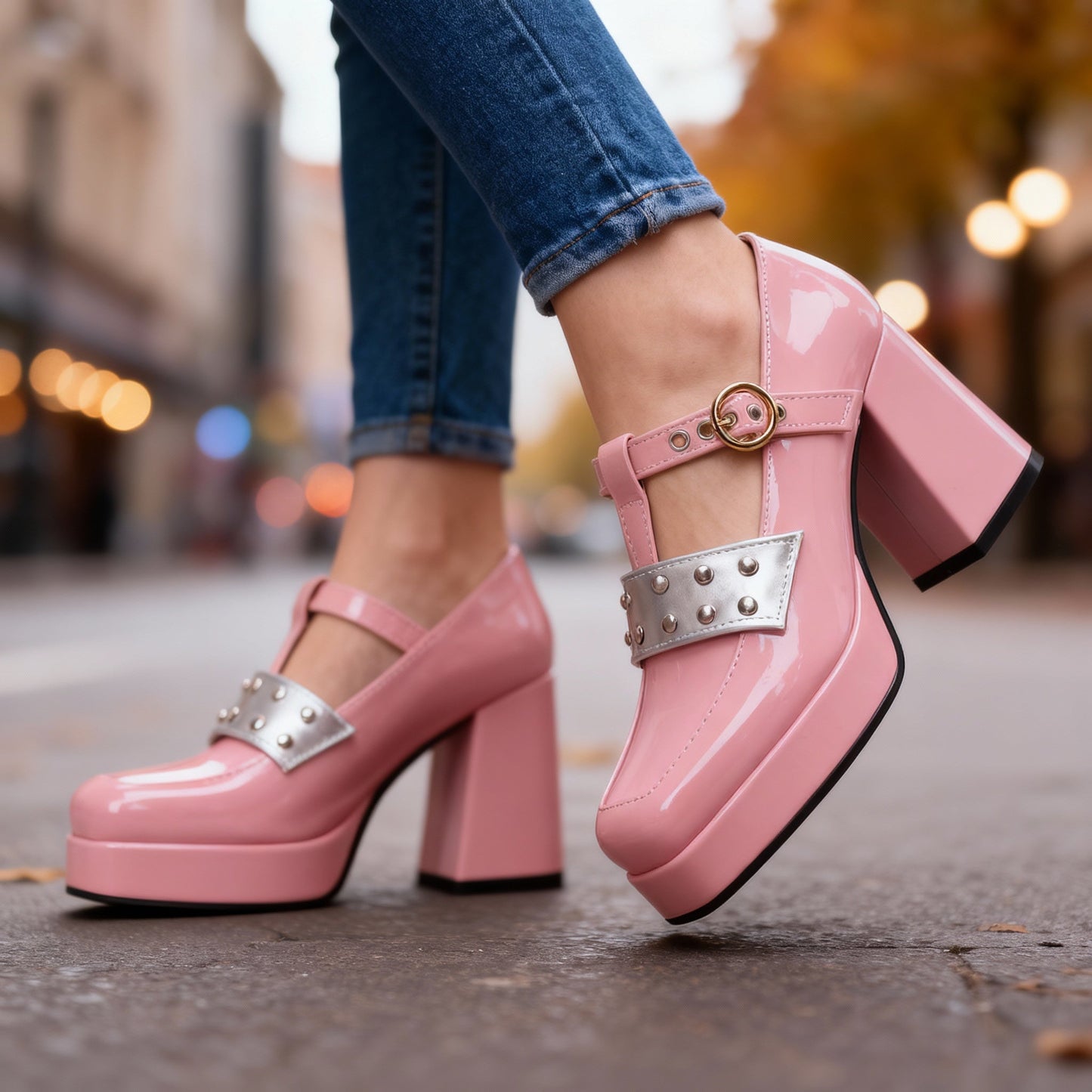 Women's Black Patent Block Heels Corvine