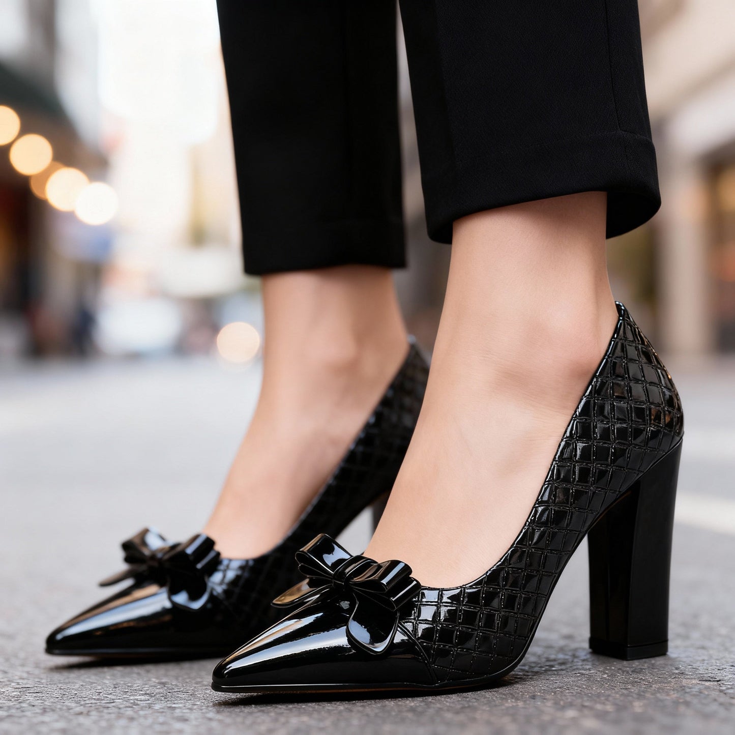 Women's Black Patent Bow Pointed Heels Corvine