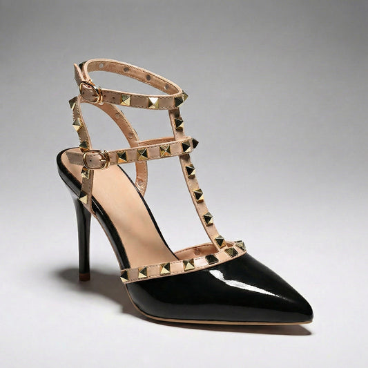 Women's Black Patent Vegan Leather Studded Heels Corvine