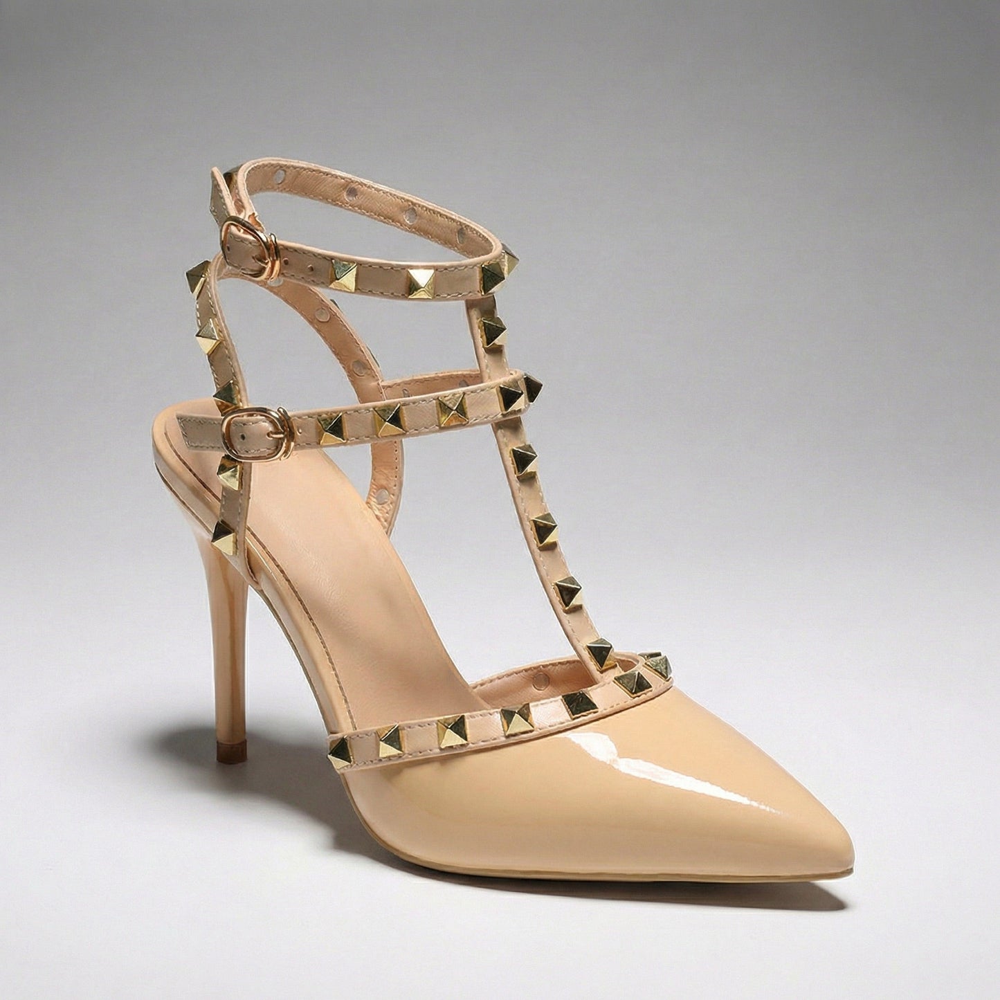 Women's Black Patent Vegan Leather Studded Heels Corvine