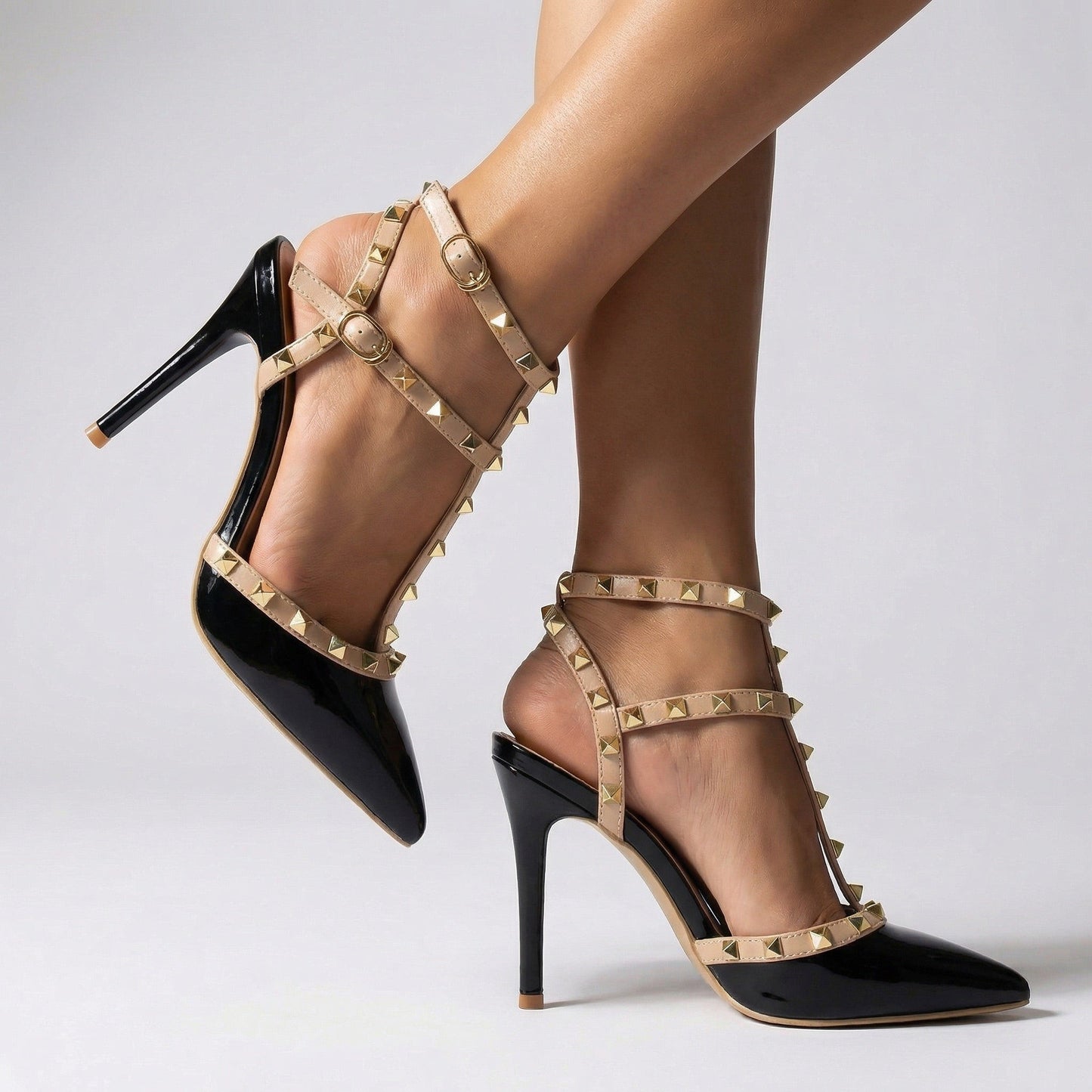 Women's Black Patent Vegan Leather Studded Heels Corvine