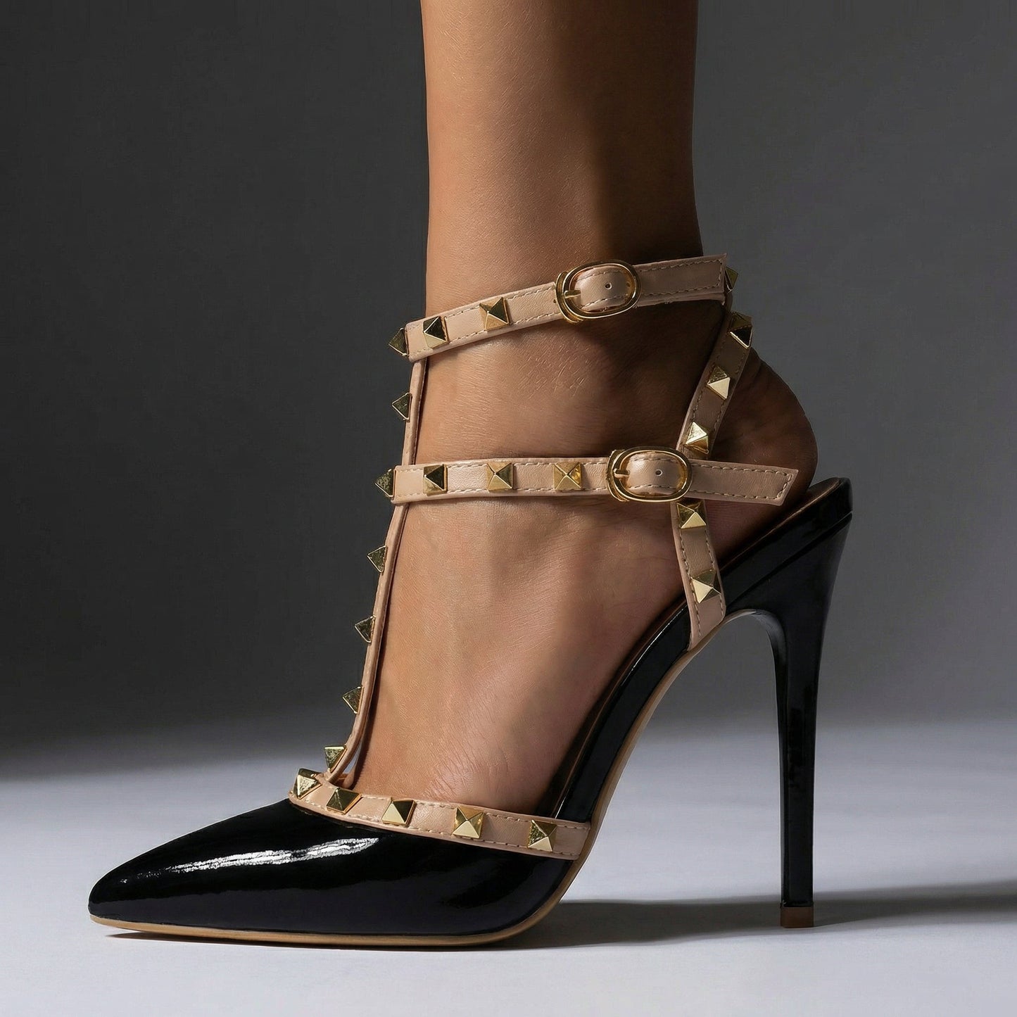 Women's Black Patent Vegan Leather Studded Heels Corvine