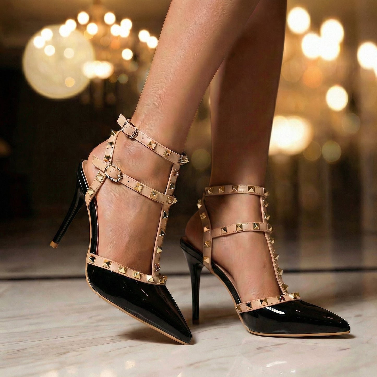 Women's Black Patent Vegan Leather Studded Heels Corvine