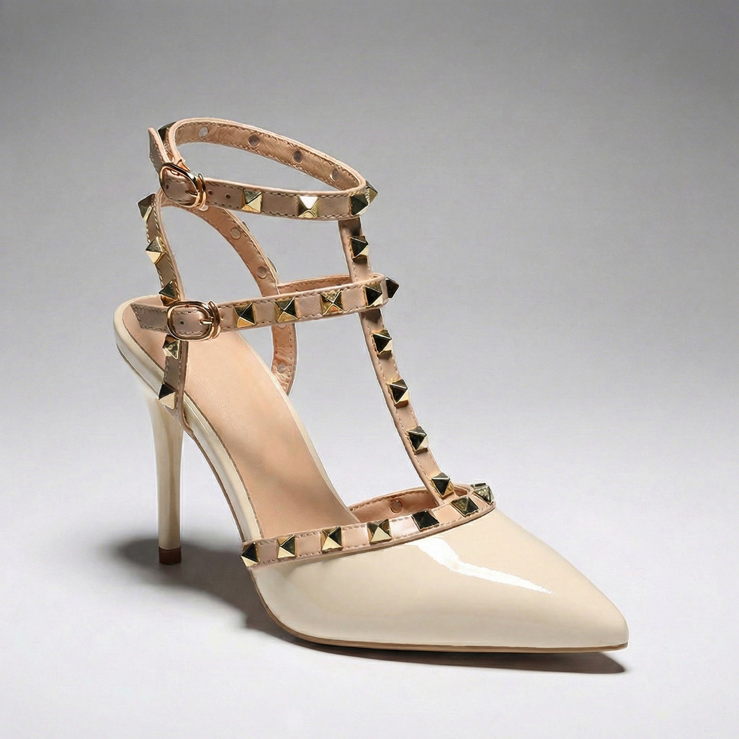 Women's Black Patent Vegan Leather Studded Heels Corvine