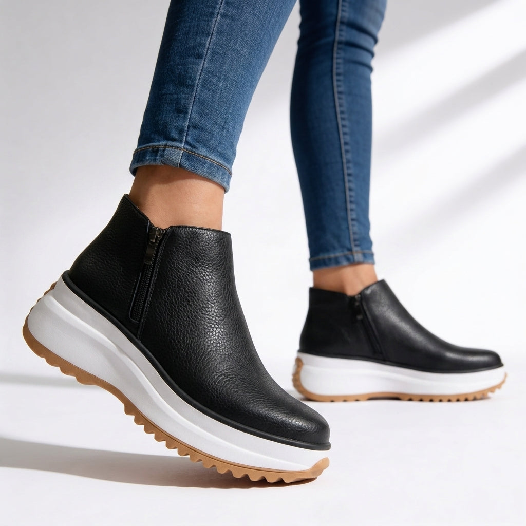 Women's Black Pebbled Leather Platform Ankle Boots Corvine