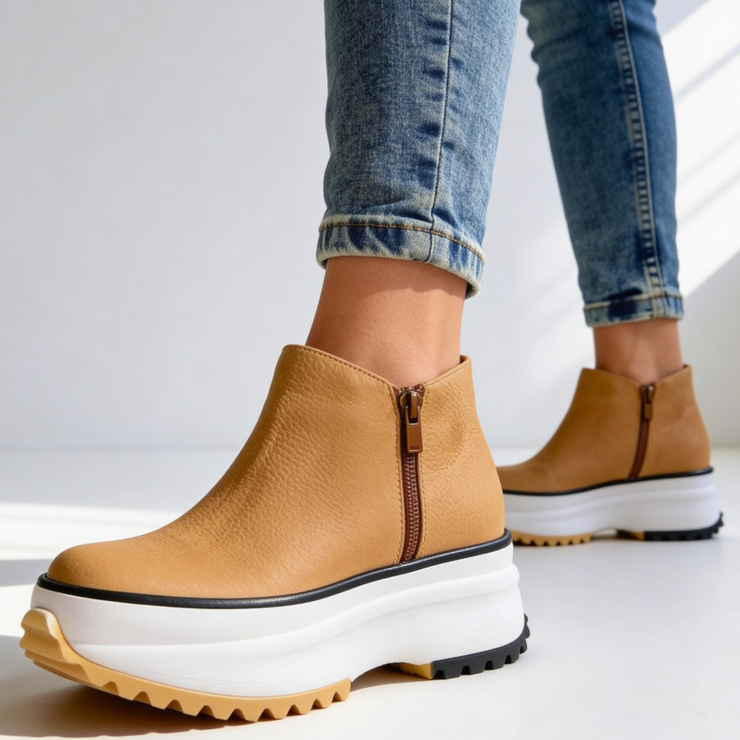Women's Black Pebbled Leather Platform Ankle Boots Corvine