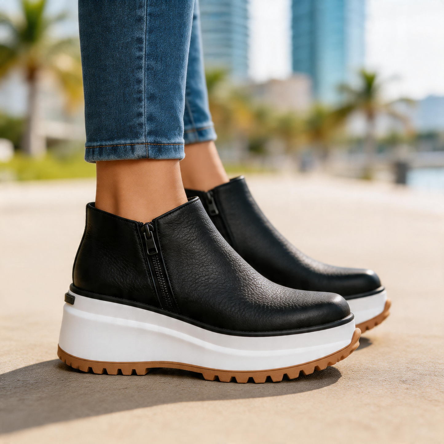 Women's Black Pebbled Leather Platform Ankle Boots Corvine