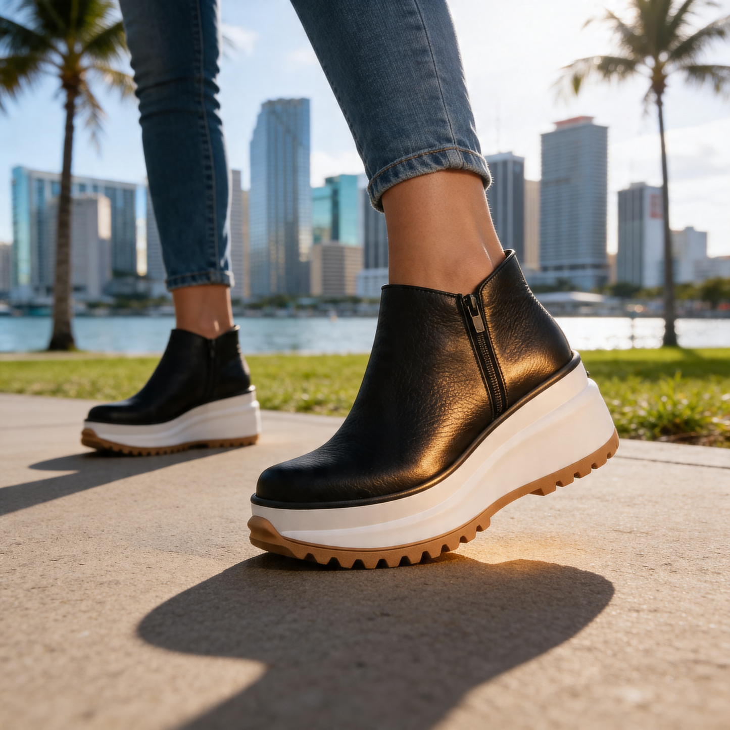 Women's Black Pebbled Leather Platform Ankle Boots Corvine