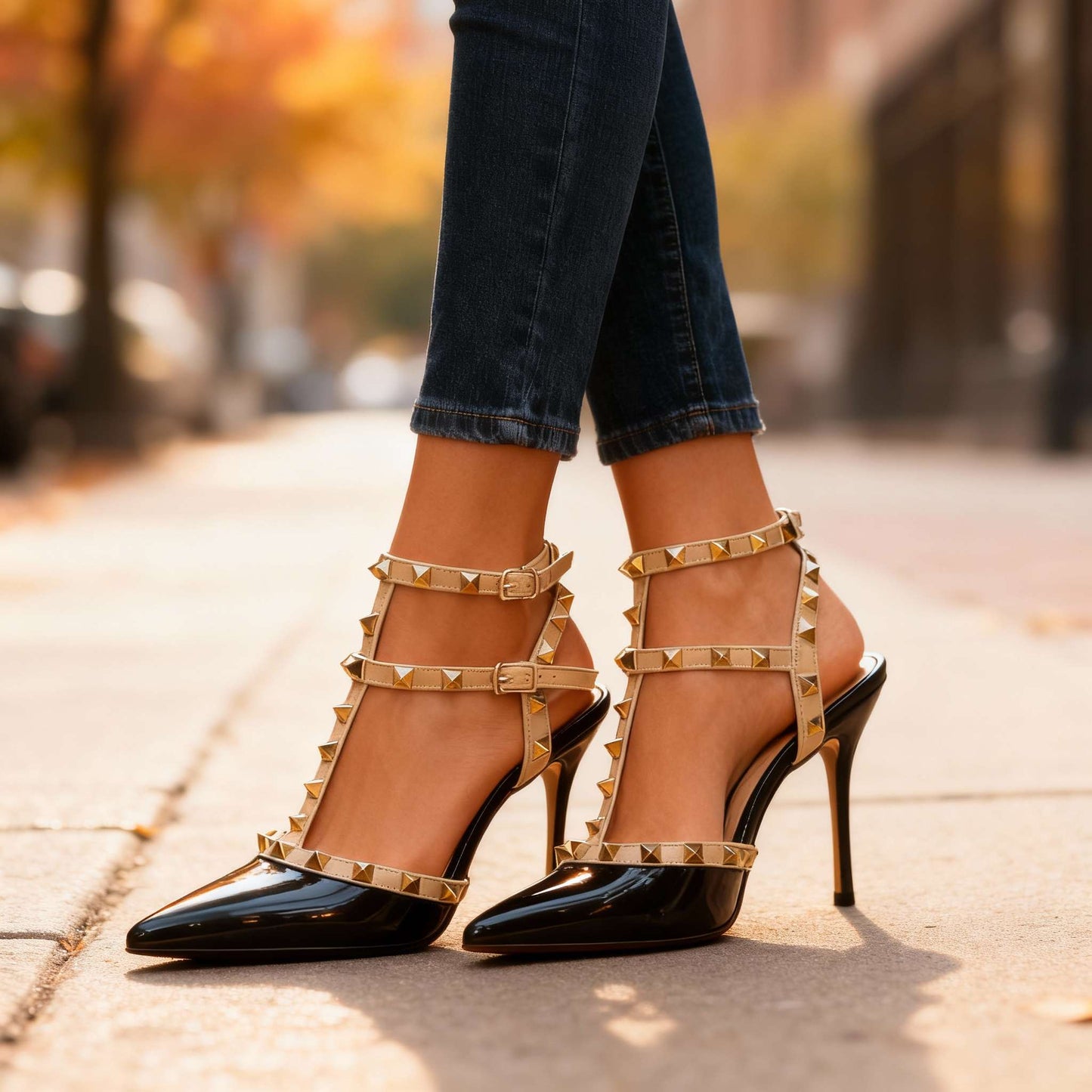 Women's Black Pointed Heels with Studded Straps Corvine