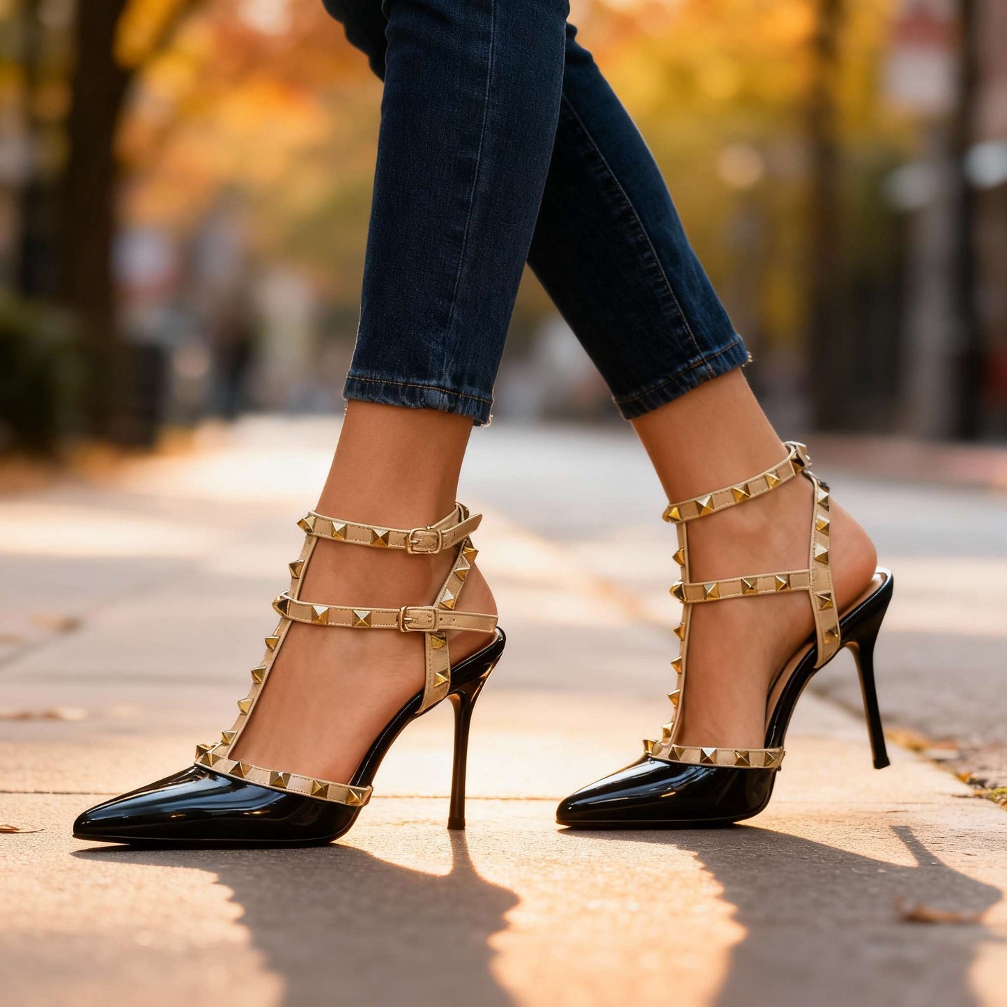 Women's Black Pointed Heels with Studded Straps Corvine