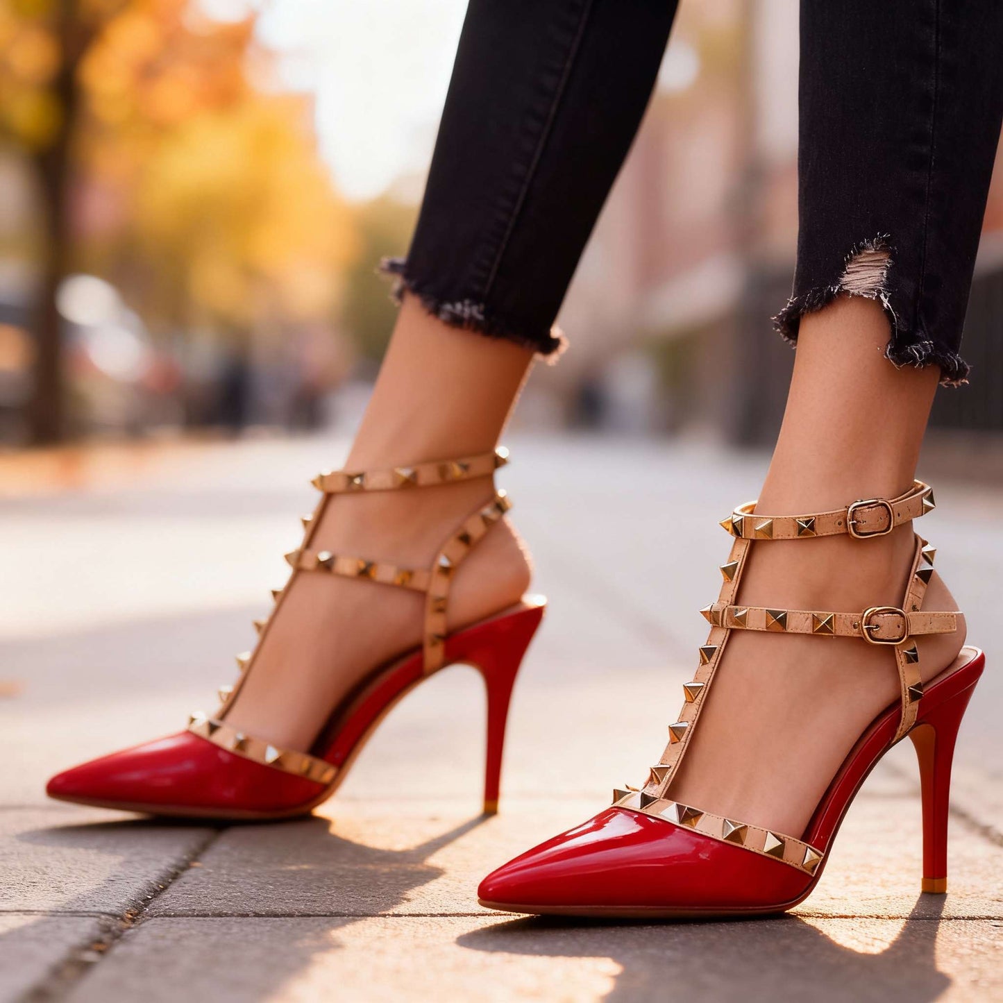 Women's Black Pointed Heels with Studded Straps Corvine