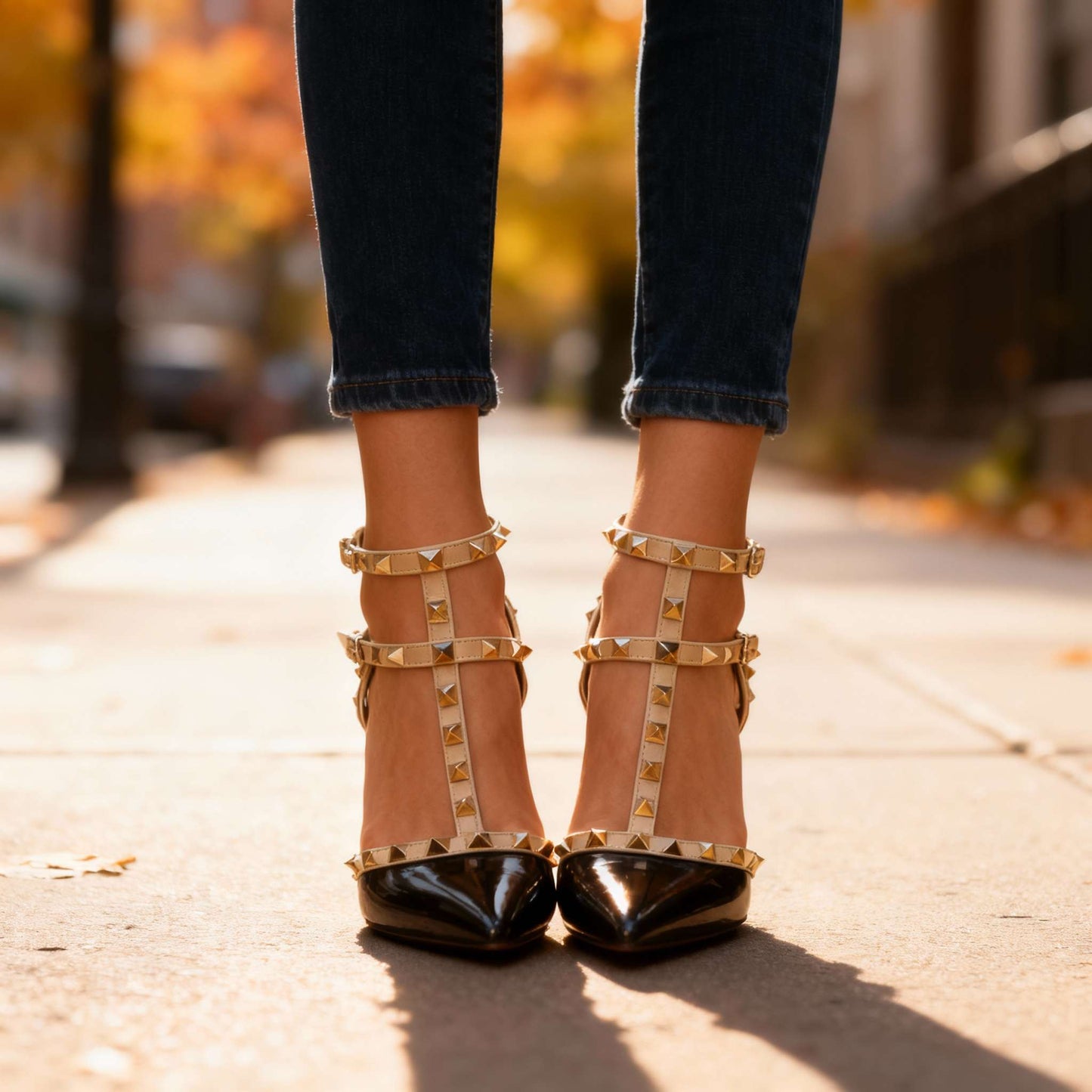 Women's Black Pointed Heels with Studded Straps Corvine