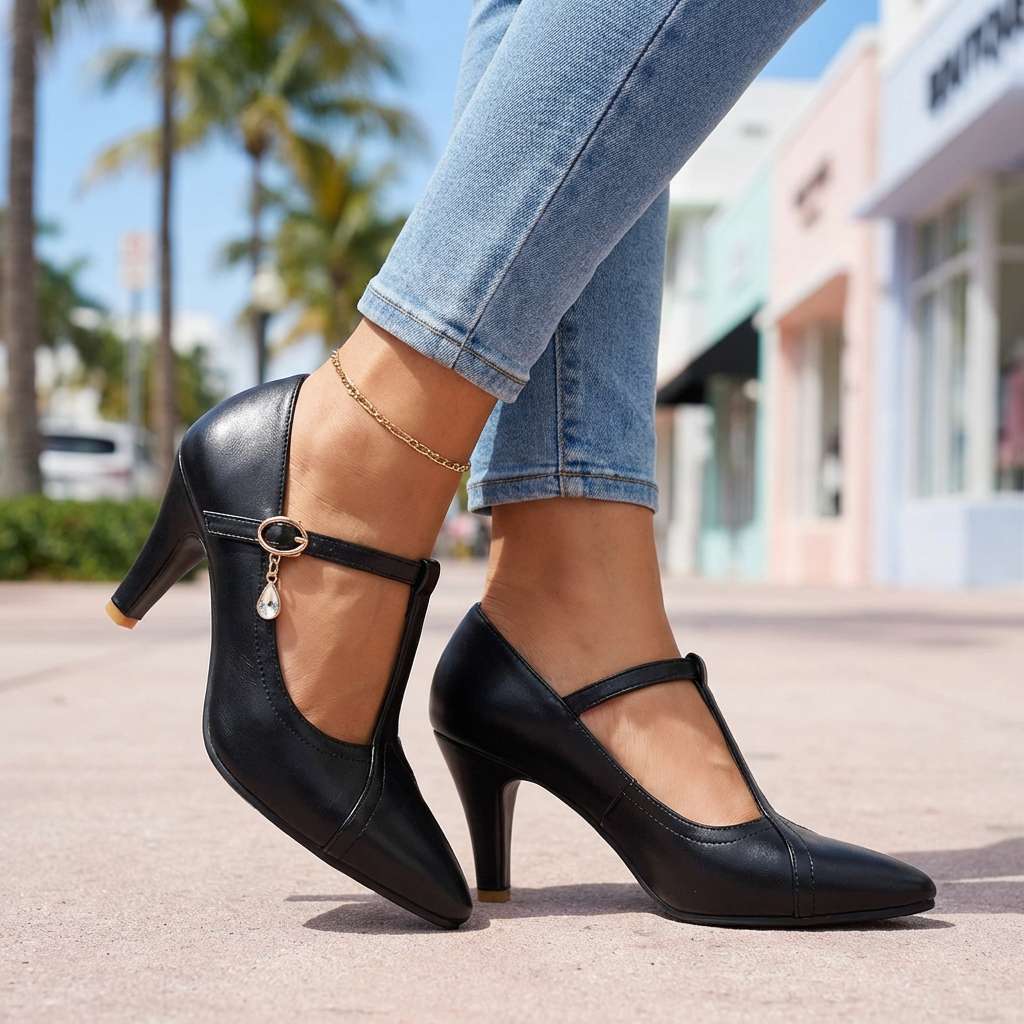Women's Black Pointed Toe Mary Jane Heels Corvine