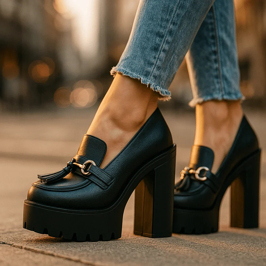 Women's Black Sculpted Block Heel Loafers Corvine