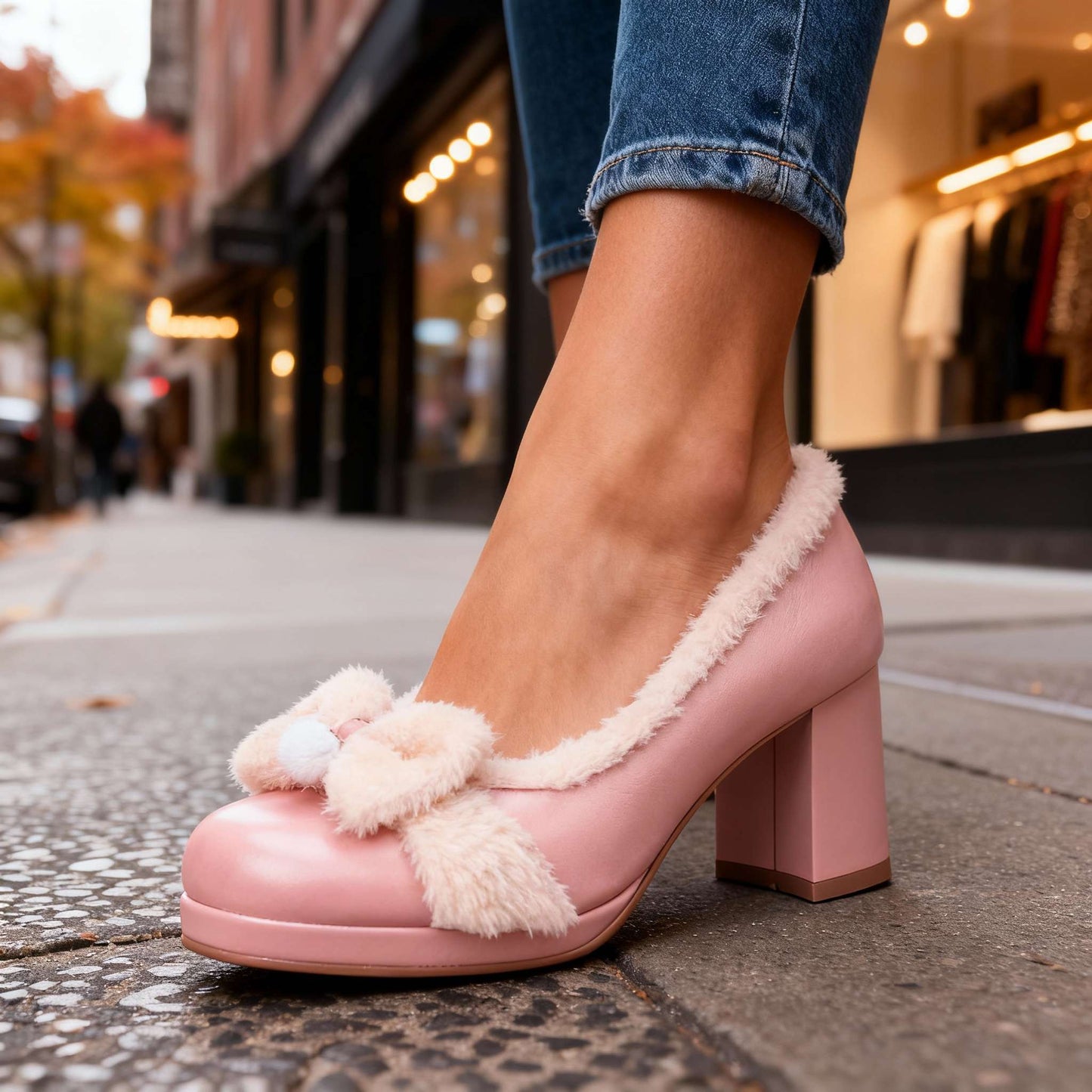 Women's Black Sherpa Lined Block Heel Pumps Corvine