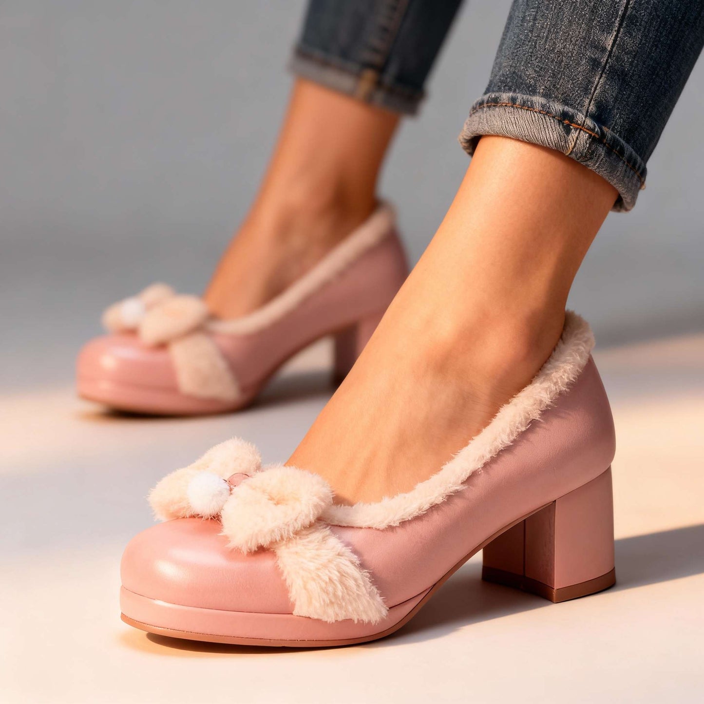 Women's Black Soft Sherpa Lined Block Heel Pumps Corvine