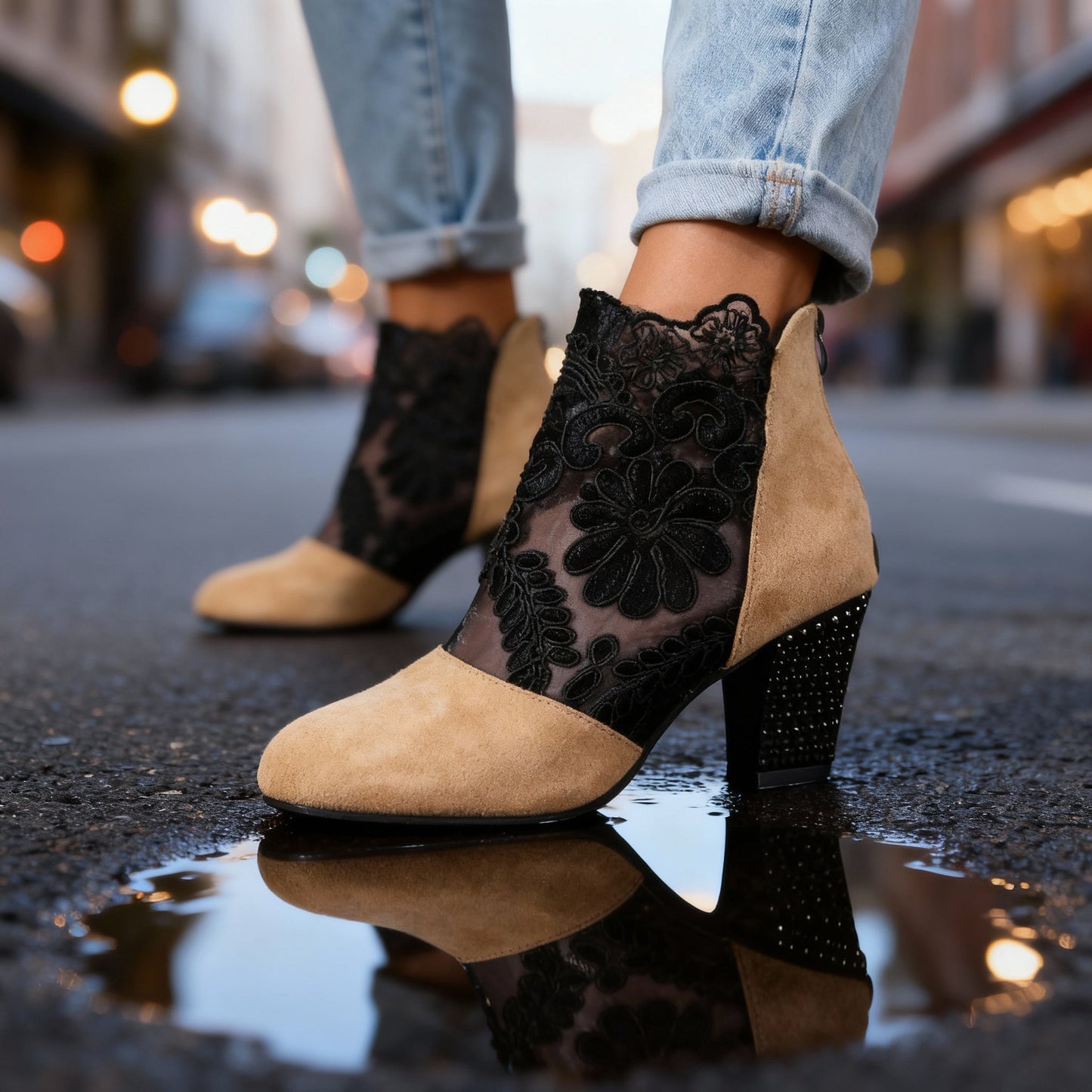 Women's Black Suede Block Heels with Lace Embroidery Corvine