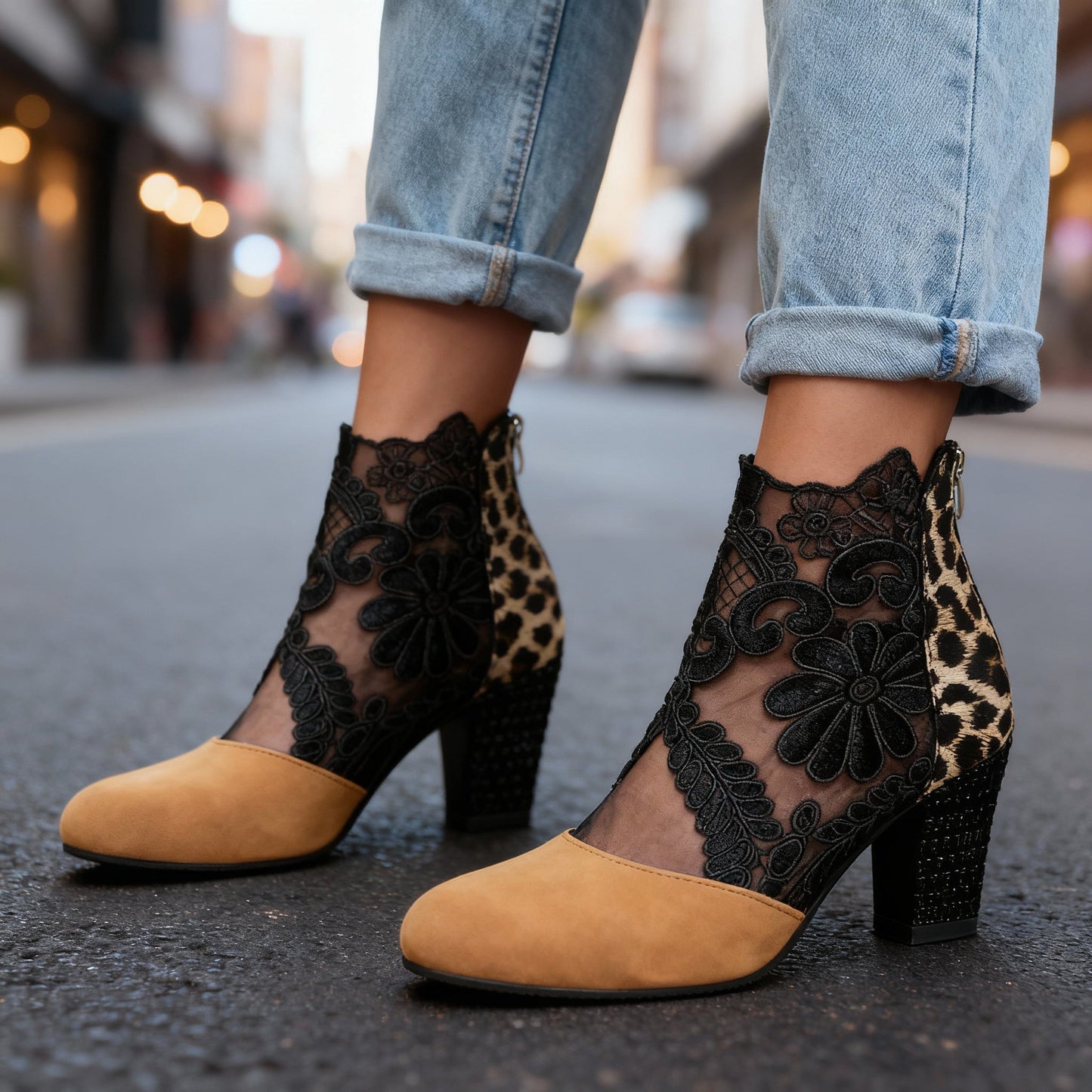 Women's Black Suede Block Heels with Lace Embroidery Corvine