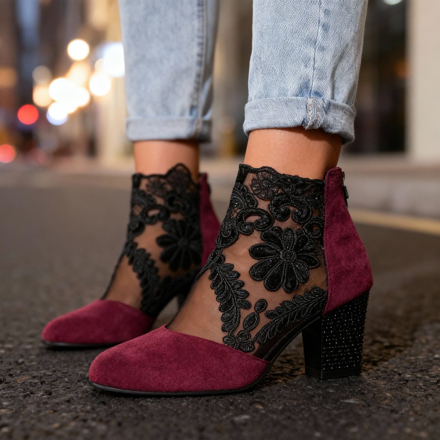 Women's Black Suede Block Heels with Lace Embroidery Corvine
