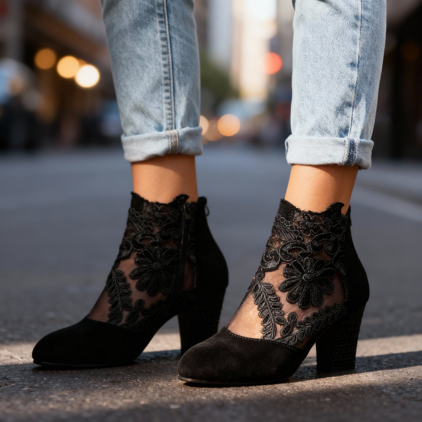 Women's Black Suede Block Heels with Lace Embroidery Corvine