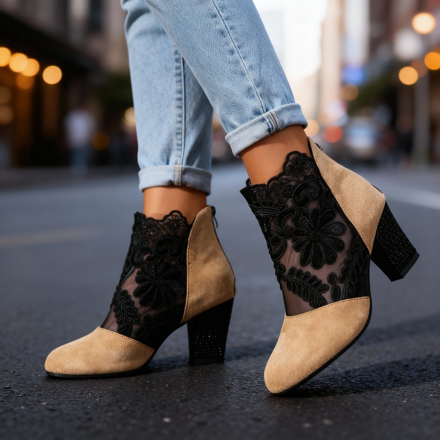 Women's Black Suede Block Heels with Lace Embroidery Corvine