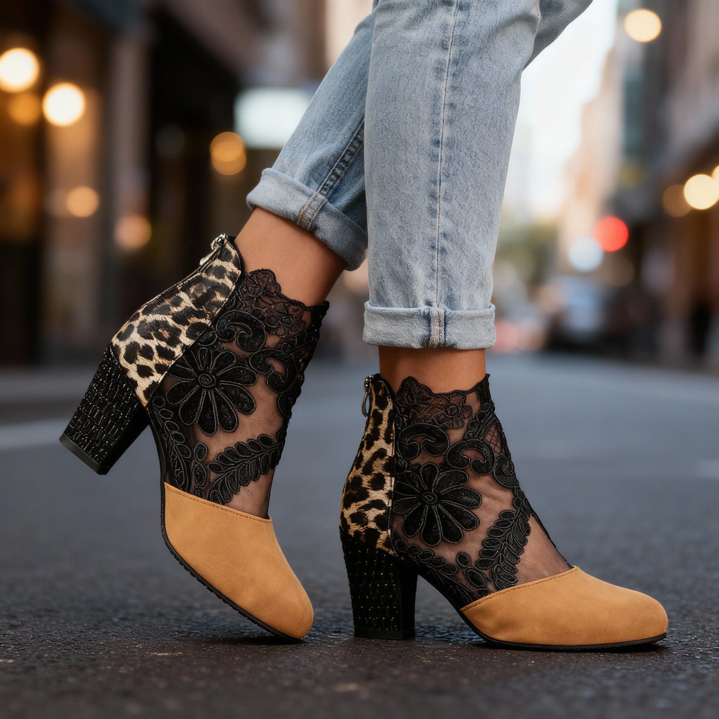Women's Black Suede Block Heels with Lace Embroidery Corvine